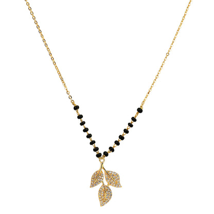 Fancy short mangalsutra design with black beads and crystal leaf pendant on a delicate gold chain