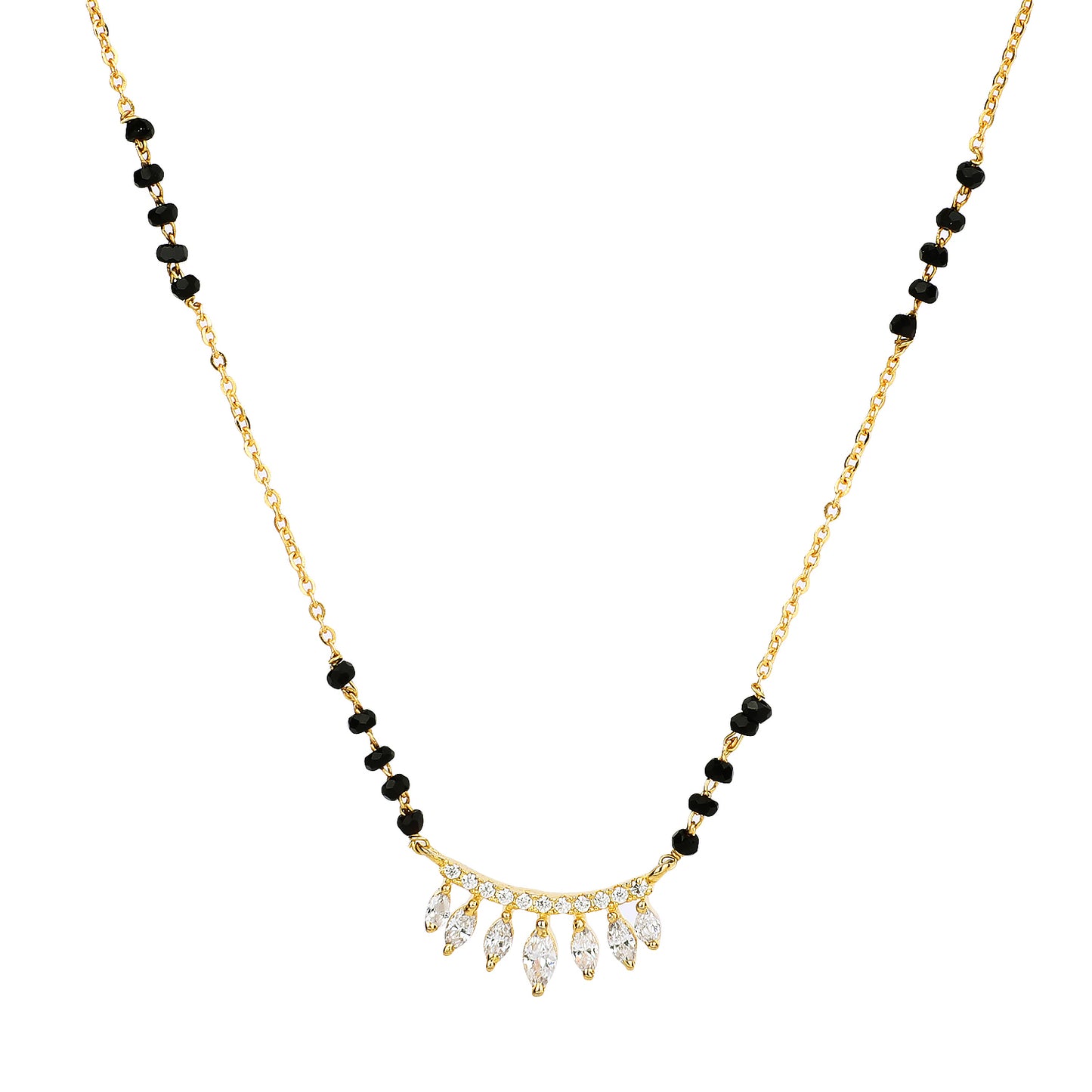 Daily wear mangalsutra design in gold featuring black beads and a curved pendant with sparkling CZ leaf drops, displayed on a plain white background