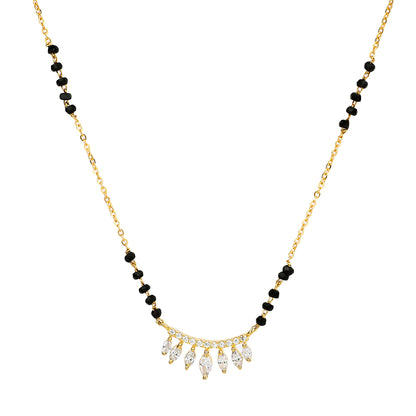 Daily wear mangalsutra design in gold featuring black beads and a curved pendant with sparkling CZ leaf drops, displayed on a plain white background