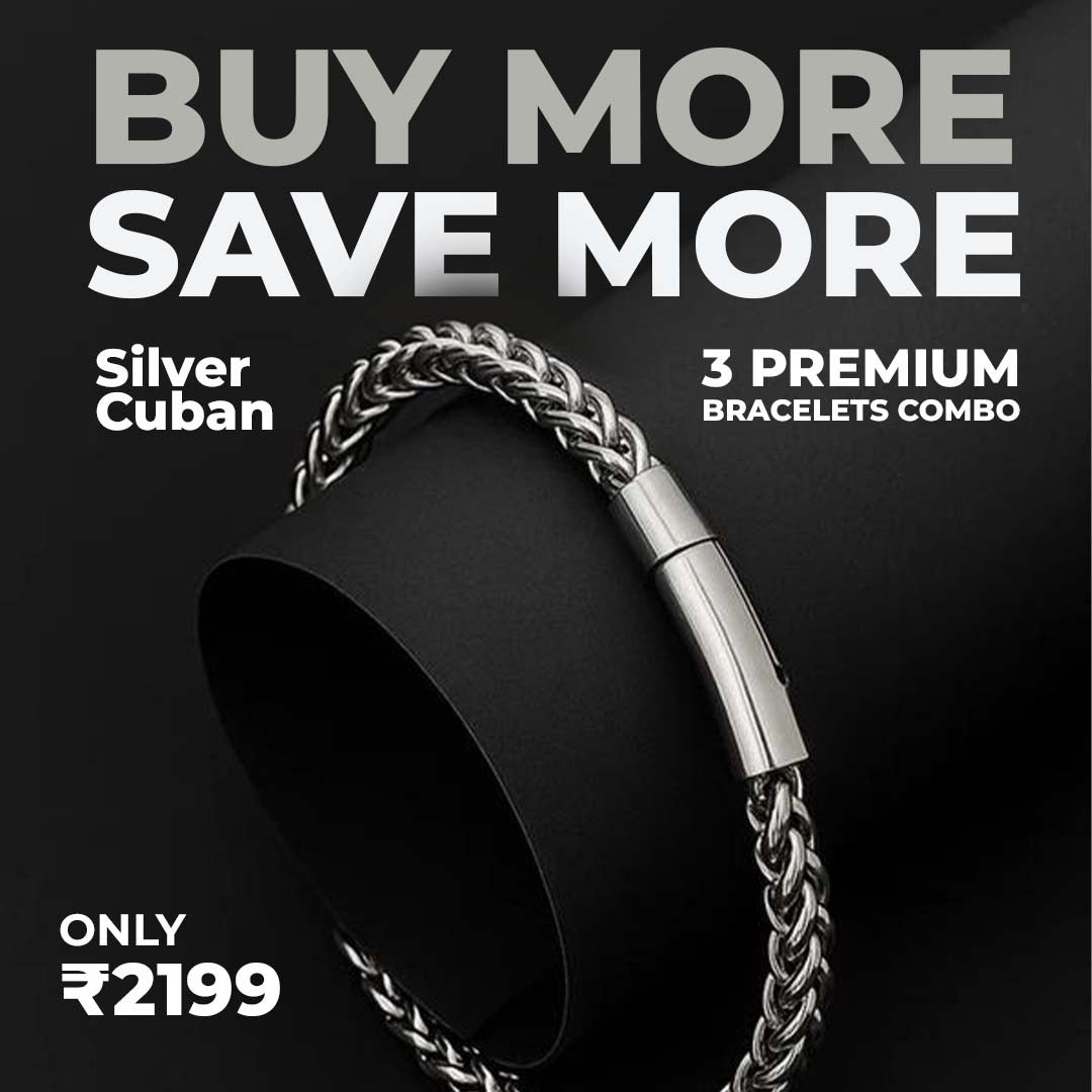 Men’s Premium Bracelet Combo – Silver Cuban, Gold Chain & Linear Bracelet (Pack of 3)
