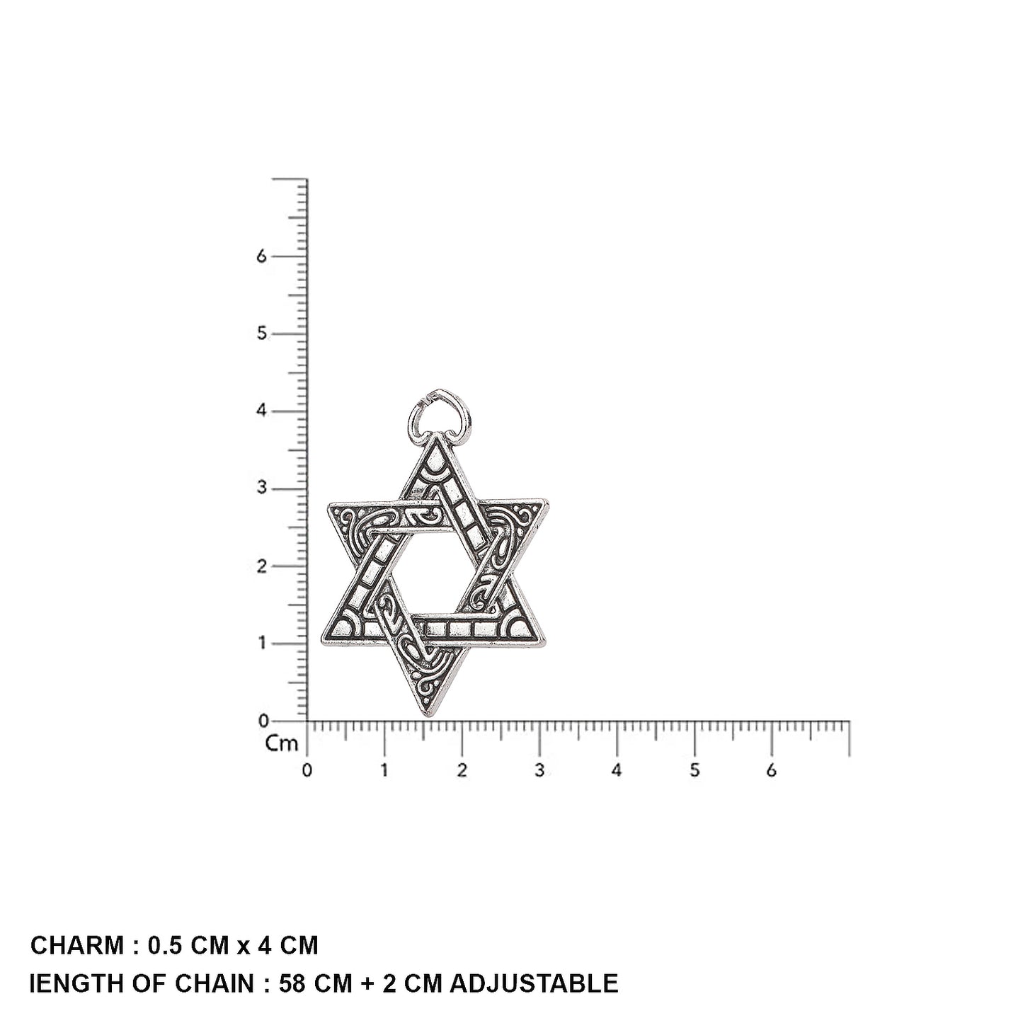 Stainless steel pendant necklace featuring a David star design with size measurements shown.”