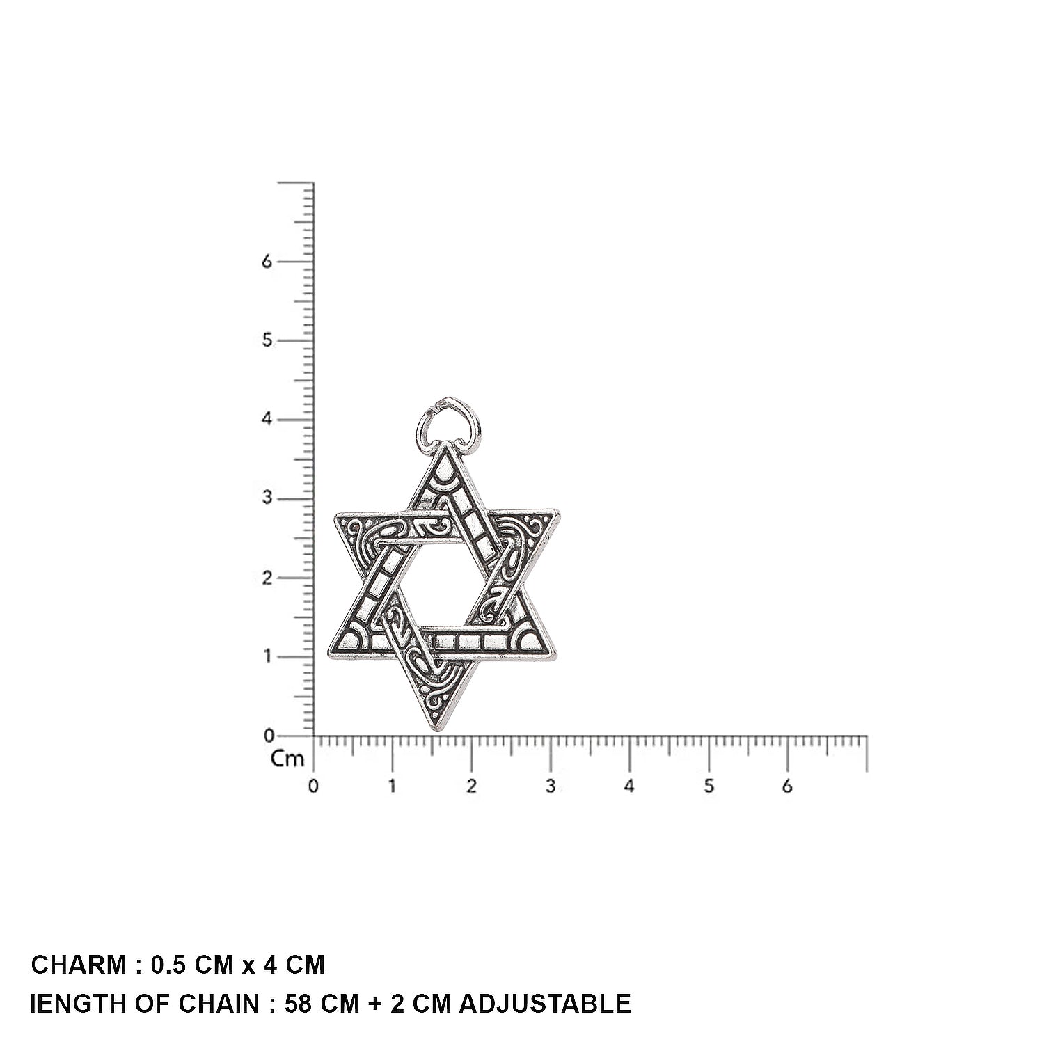 Stainless steel pendant necklace featuring a David star design with size measurements shown.”