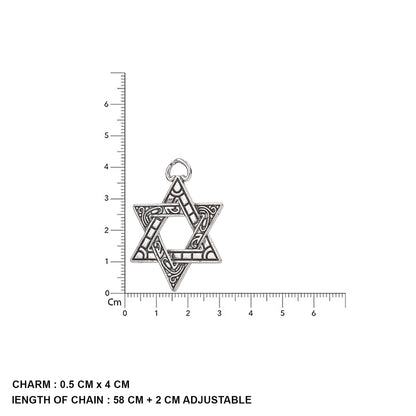 Stainless steel pendant necklace featuring a David star design with size measurements shown.”