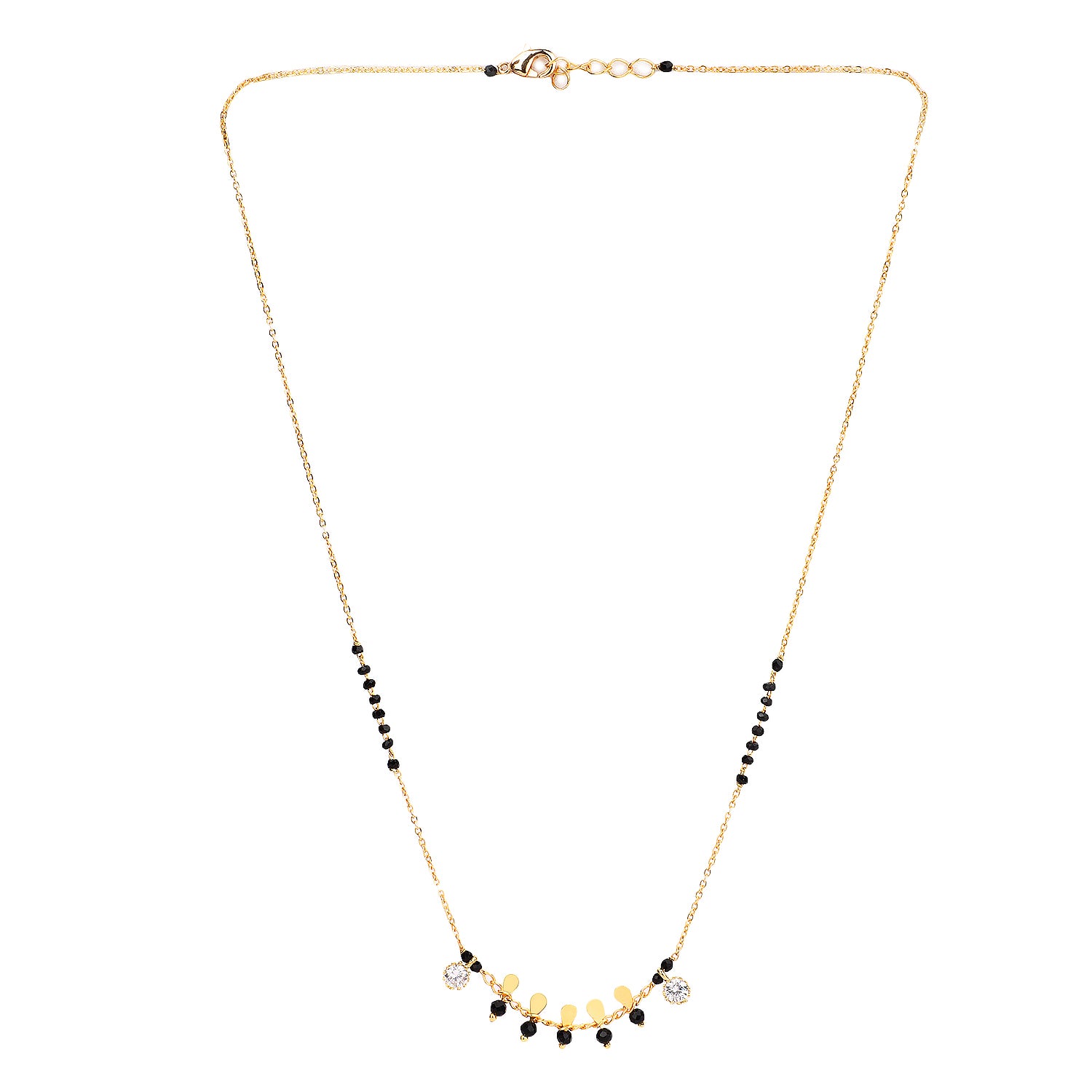 Modern mangalsutra design with gold chain, black beads and drop charm pendant worn with saree