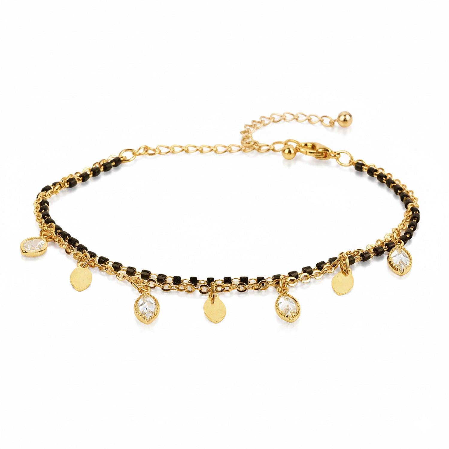 Latest mangalsutra design featuring dual-layer gold chain, black beads, and dangling stone and gold charms