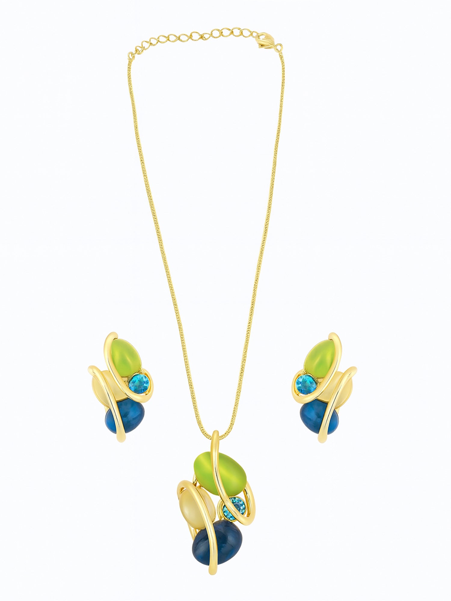 Gold long necklace designs showcasing modern pendant and stud earrings