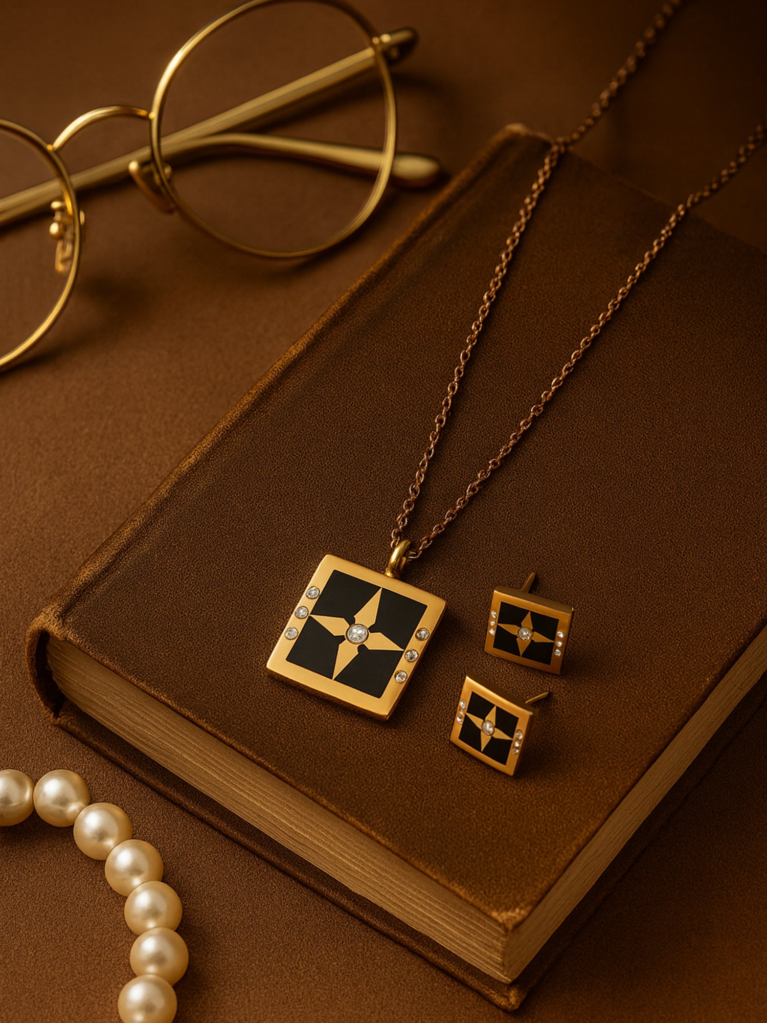 Matching gold necklace and earring set featuring a square black enamel pendant and stud earrings with crystal accents.