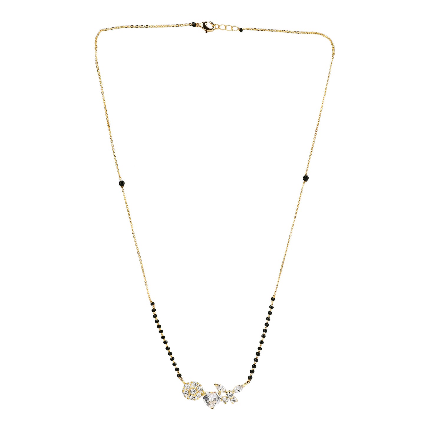 Gold mangalsutra chain with heart floral diamond pendant on a white background