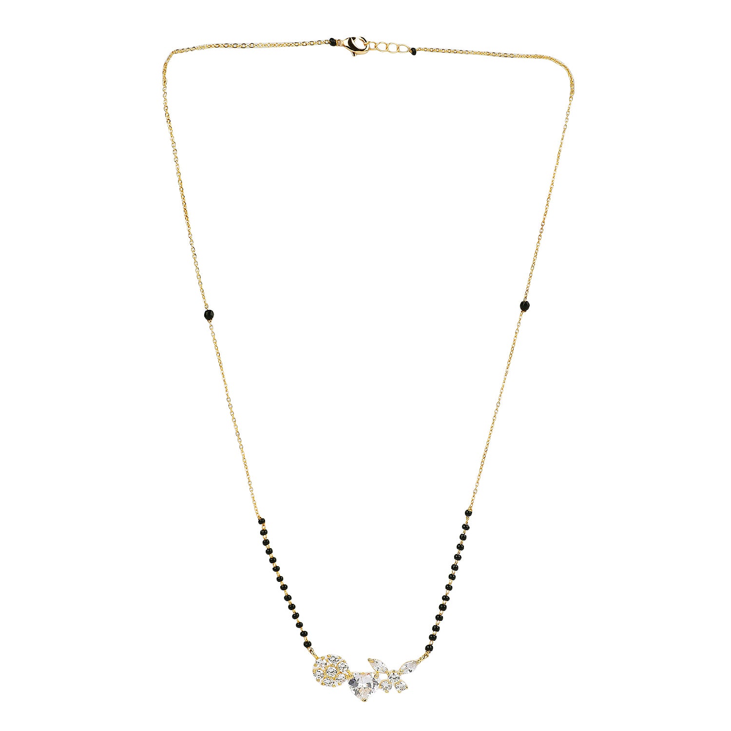 Gold mangalsutra chain with heart floral diamond pendant on a white background