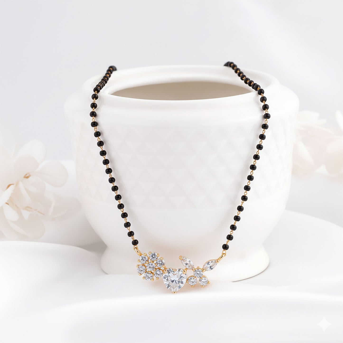 Small mangalsutra design with heart floral diamond pendant