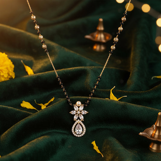 “Elegant floral pendant mangalsutra design with black beads