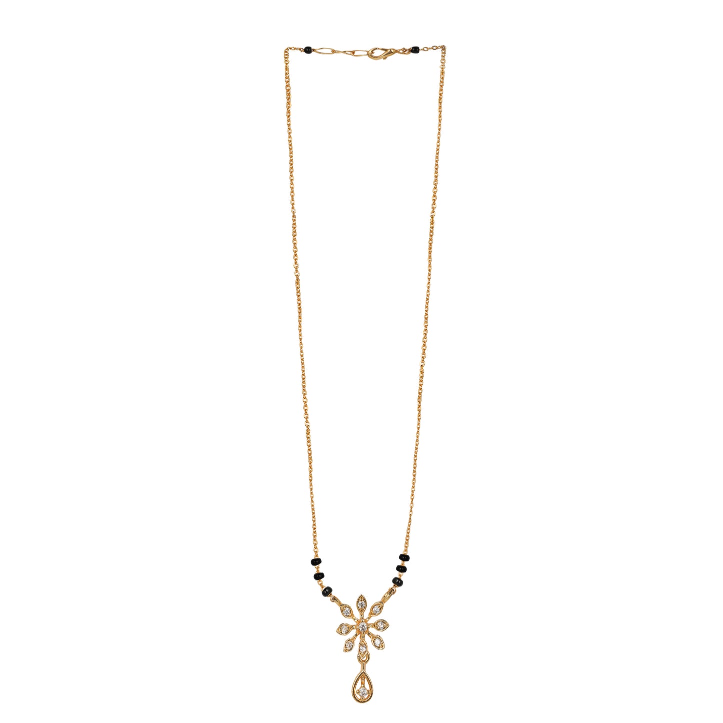 Gold fancy short mangalsutra designs  with a modern flower pendant and a close-to-neck fit