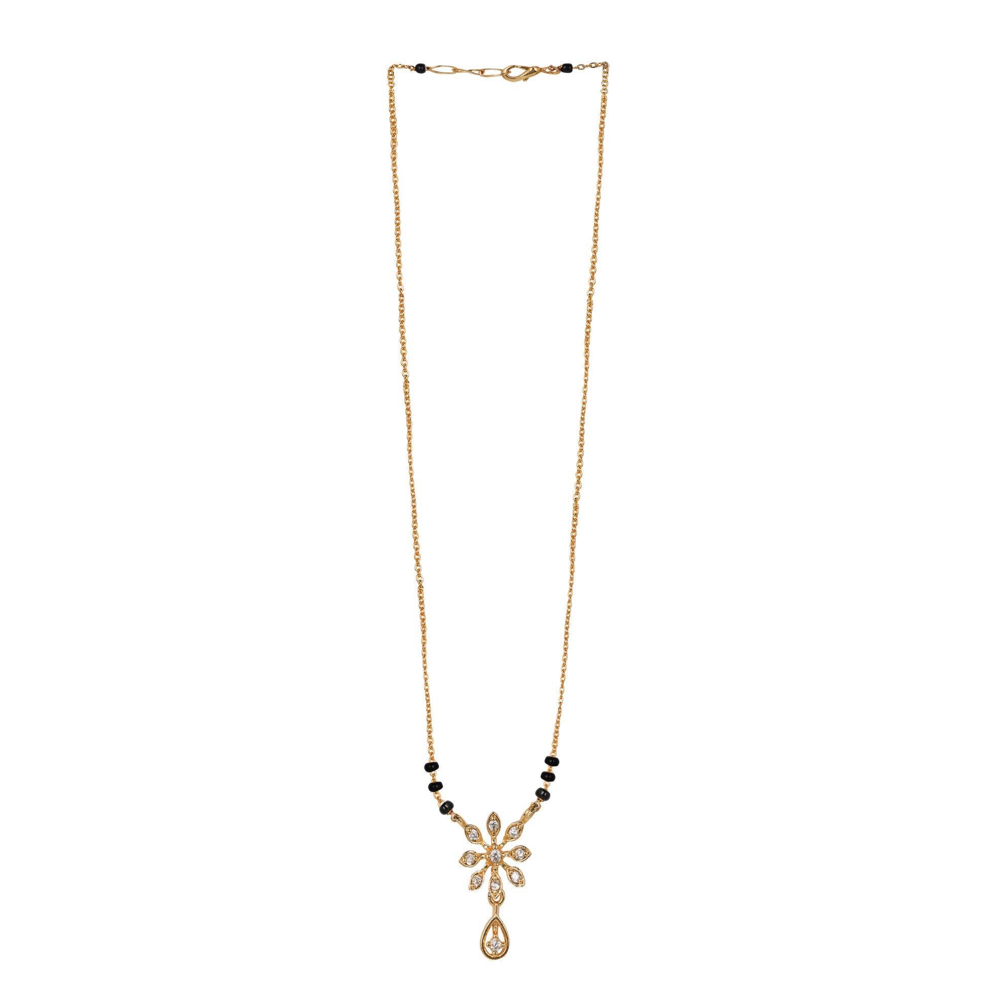 Gold fancy short mangalsutra designs  with a modern flower pendant and a close-to-neck fit