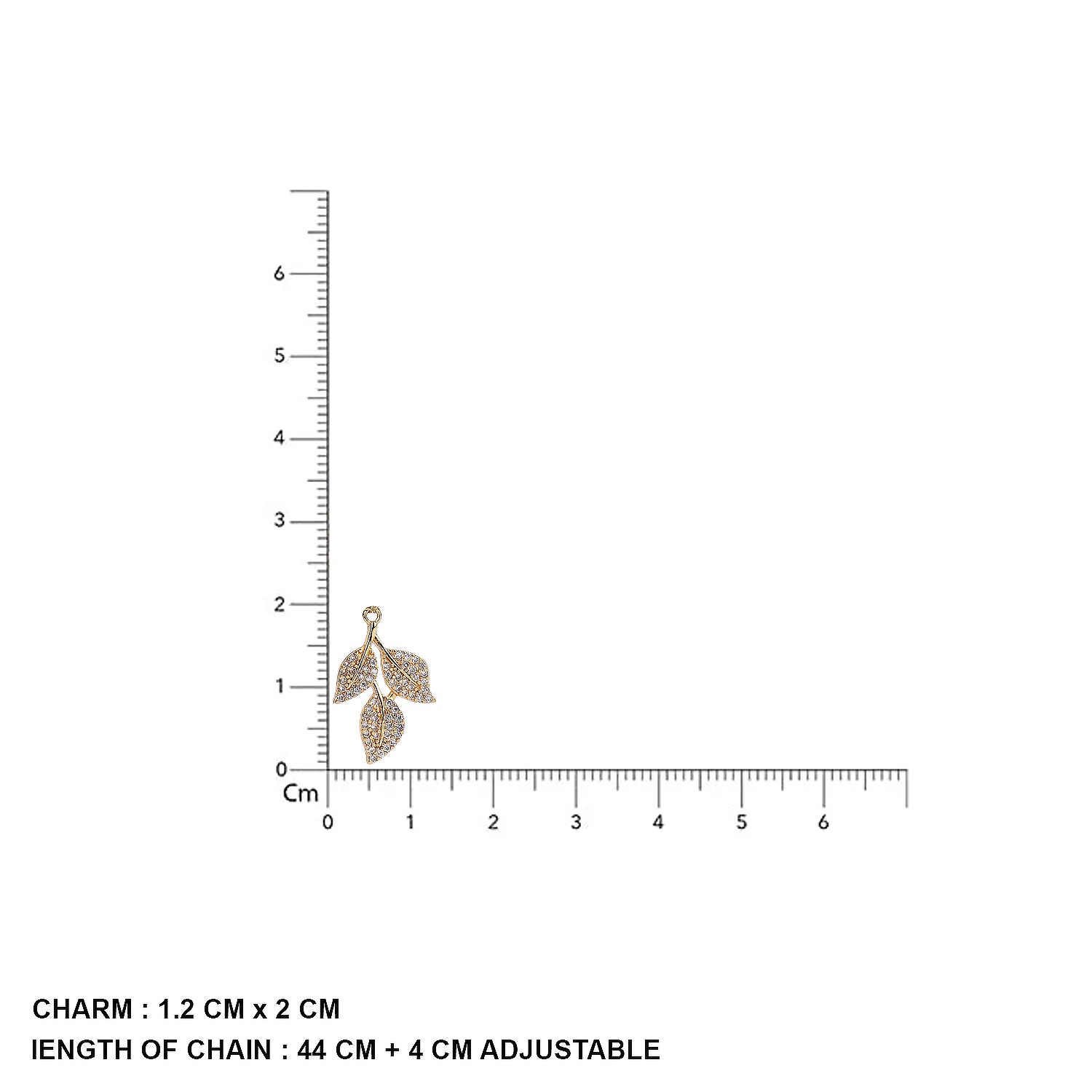 Black beads mangalsutra gold with crystal leaf pendant shown with charm size and chain length measurement