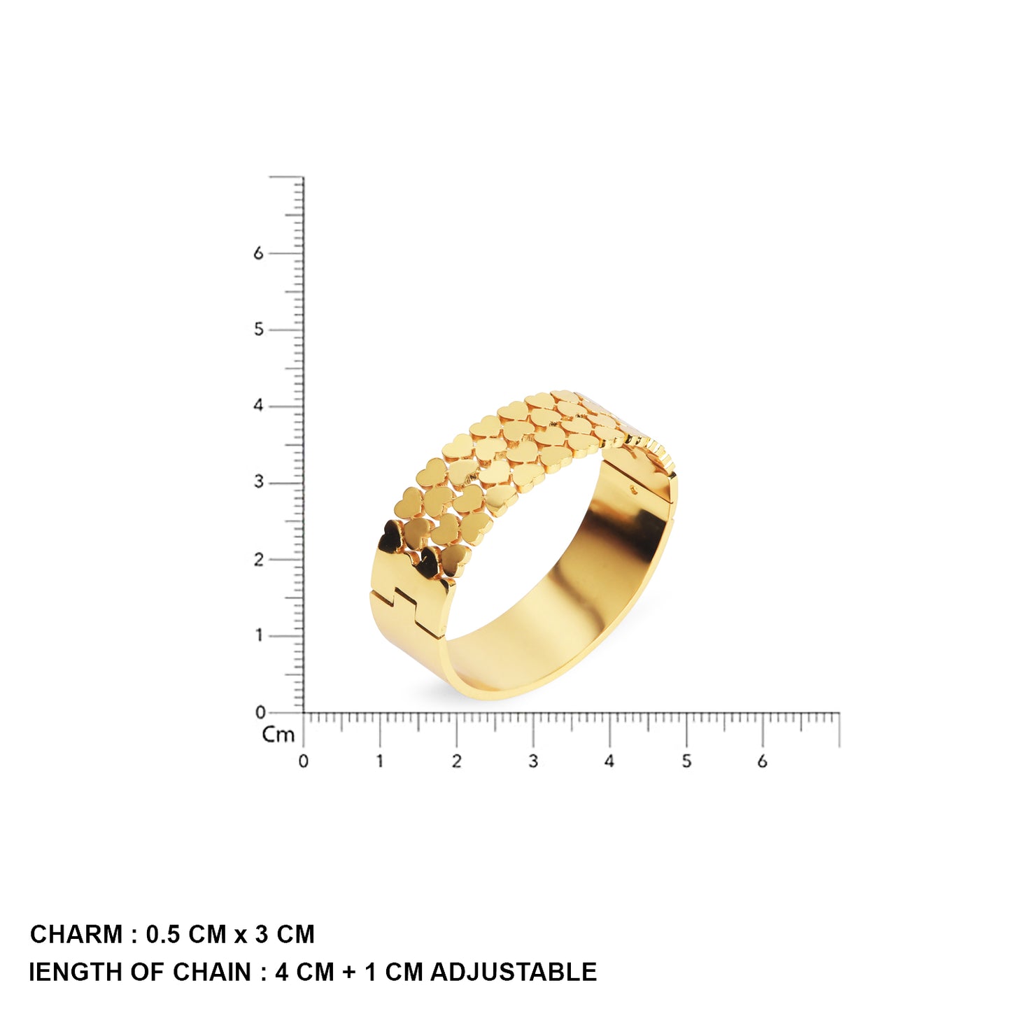 Technical view of a gold bracelet design showing dimensions and charm measurements against a scale.