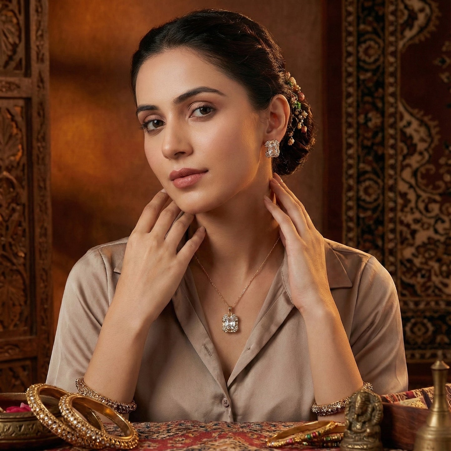 Model showcasing a gold chain with pendant and matching earrings, accessorized with a gold plated silver necklace style aesthetic.