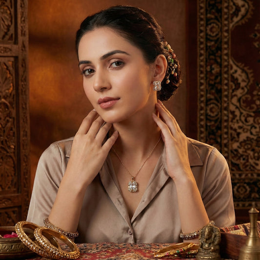 Model showcasing a gold chain with pendant and matching earrings, accessorized with a gold plated silver necklace style aesthetic.