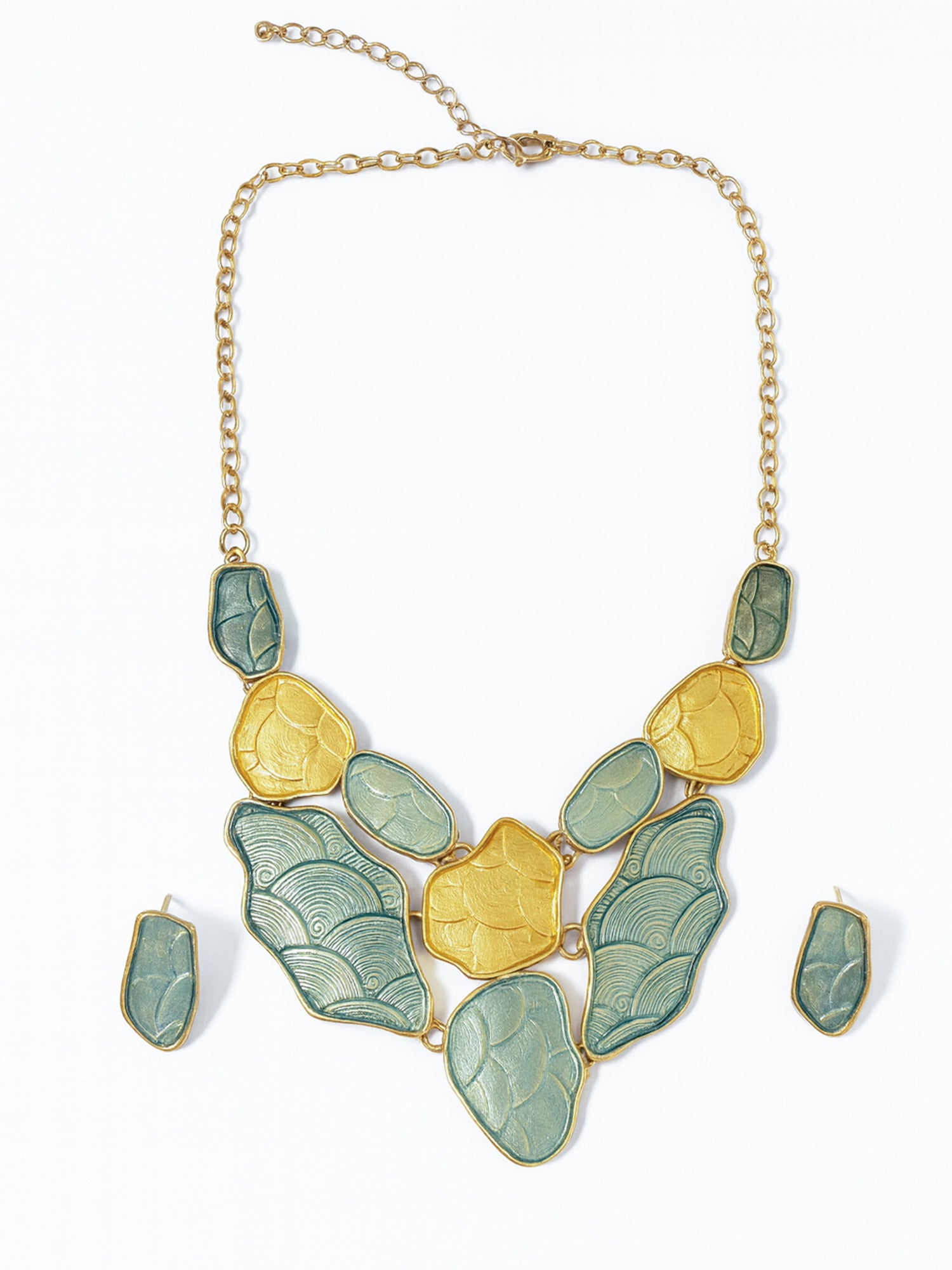 A gold choker necklace and matching studs displayed on a clean white background.