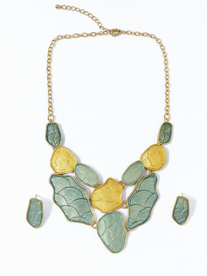 A gold choker necklace and matching studs displayed on a clean white background.