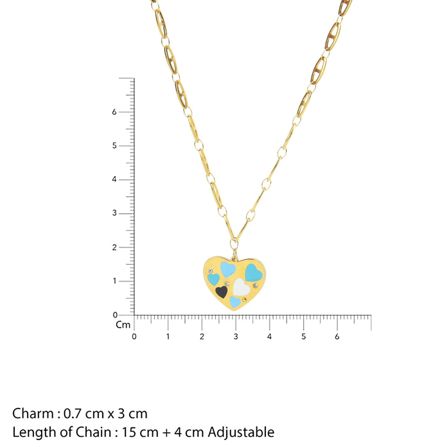Small gold necklace designs measurement view showing a 3cm heart pendant on a 15 cm adjustable chain.
