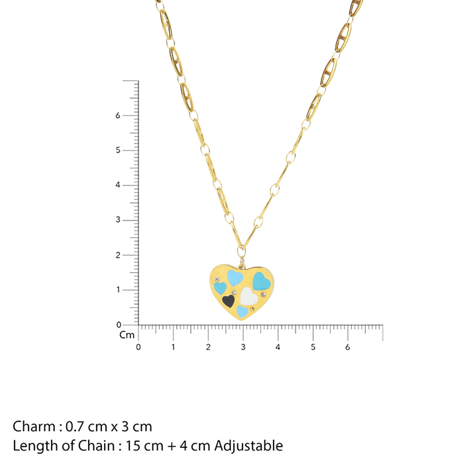 Small gold necklace designs measurement view showing a 3cm heart pendant on a 15 cm adjustable chain.