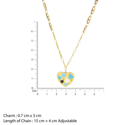 Small gold necklace designs measurement view showing a 3cm heart pendant on a 15 cm adjustable chain.