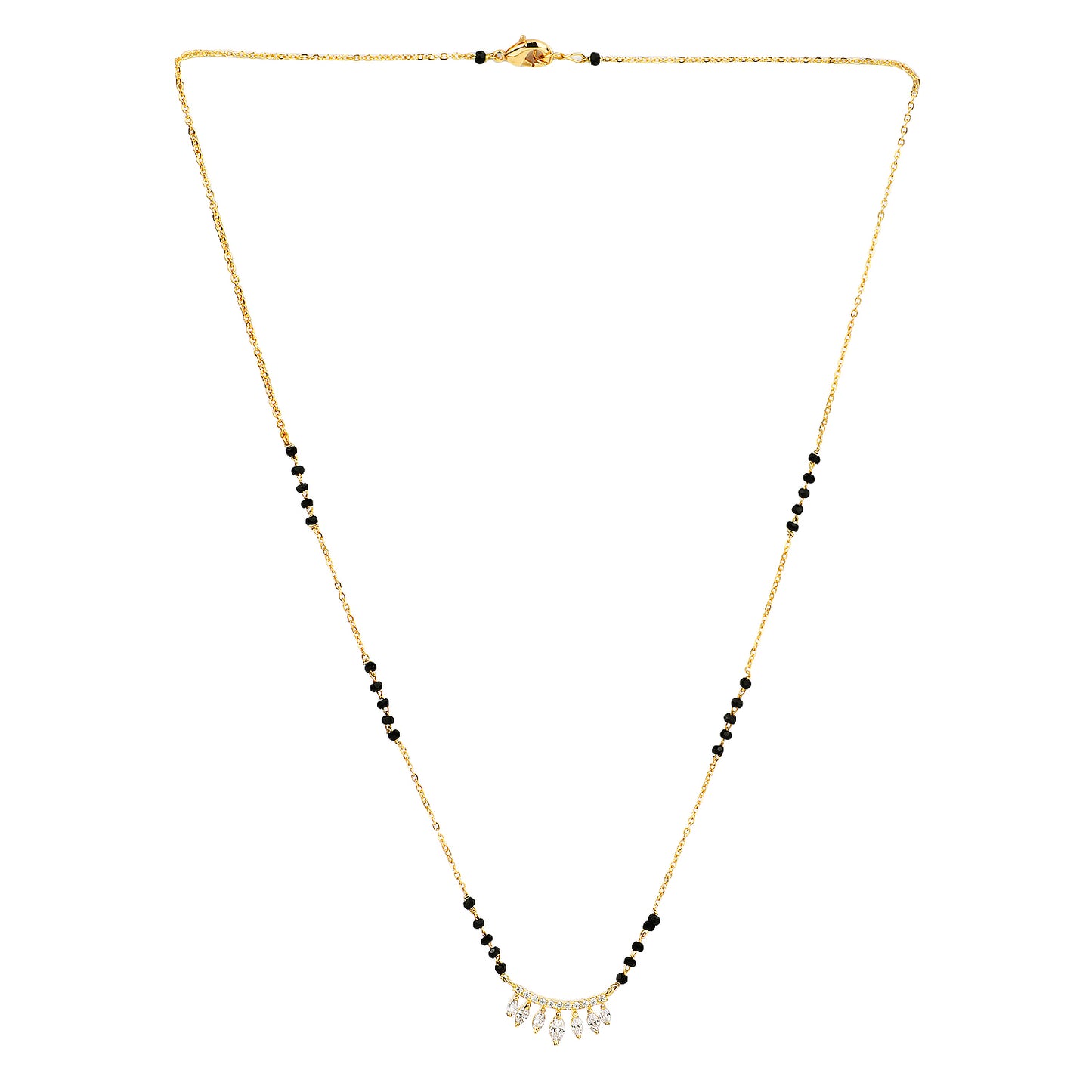 Trending mangalsutra design in gold featuring delicate black beads and a curved CZ leaf pendant, displayed on a plain white background
