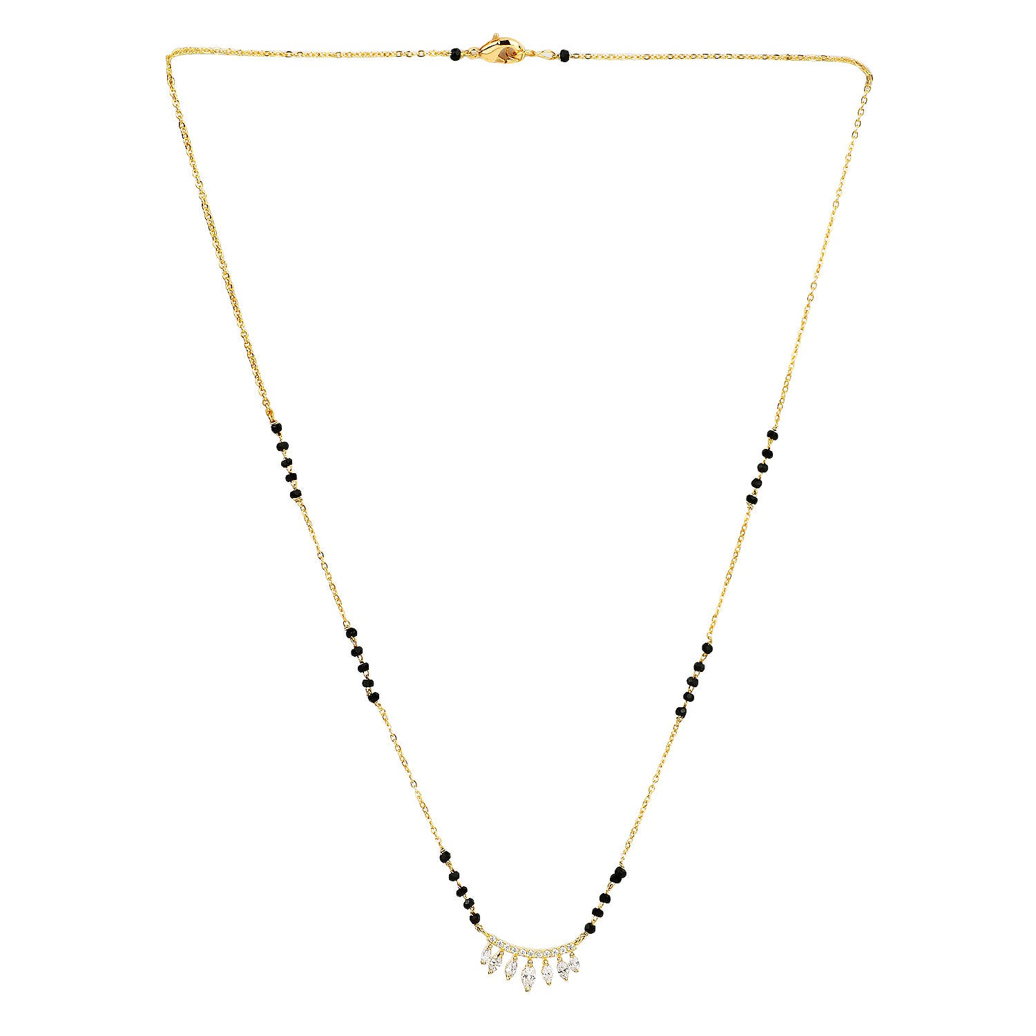 Trending mangalsutra design in gold featuring delicate black beads and a curved CZ leaf pendant, displayed on a plain white background