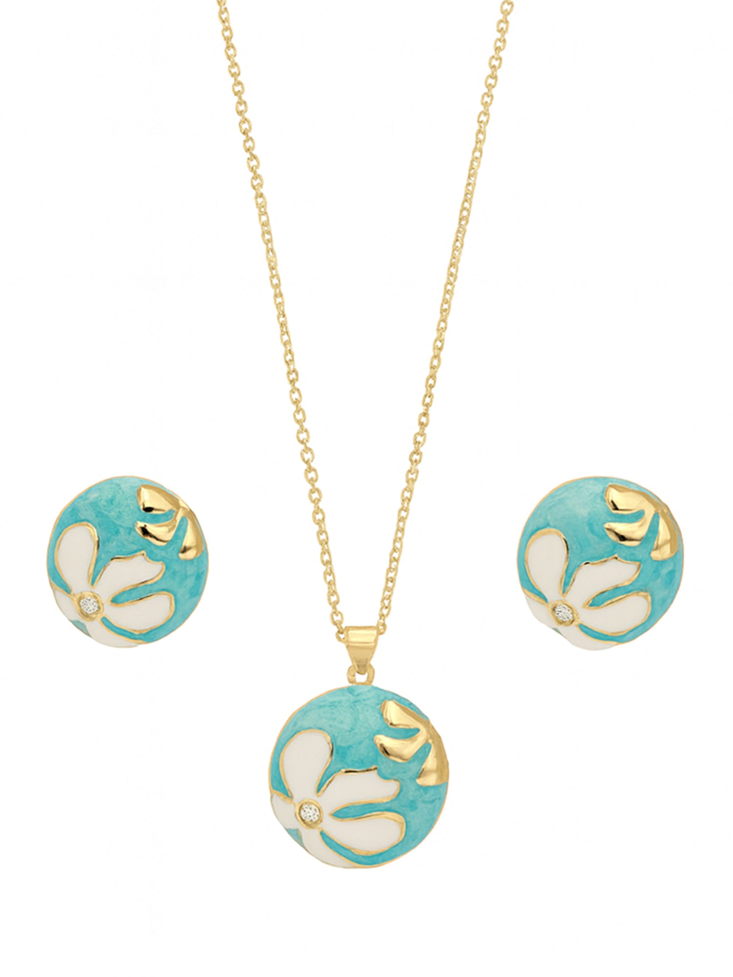 Gold chain with a round turquoise and white floral enamel pendant