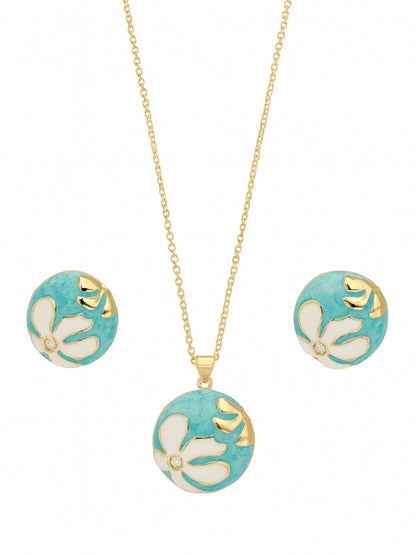 Gold chain with a round turquoise and white floral enamel pendant