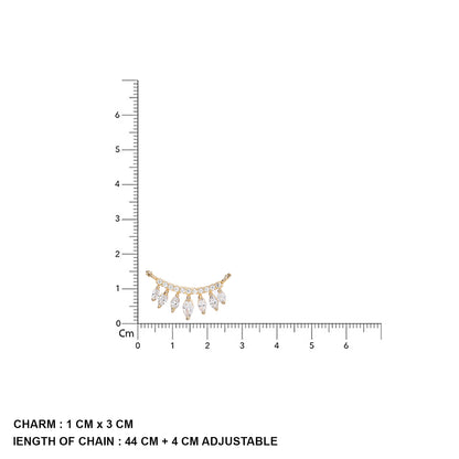 Elegant gold plated mangalsutra pendant with sparkling CZ leaf drops, displayed beside ruler measurements and size details