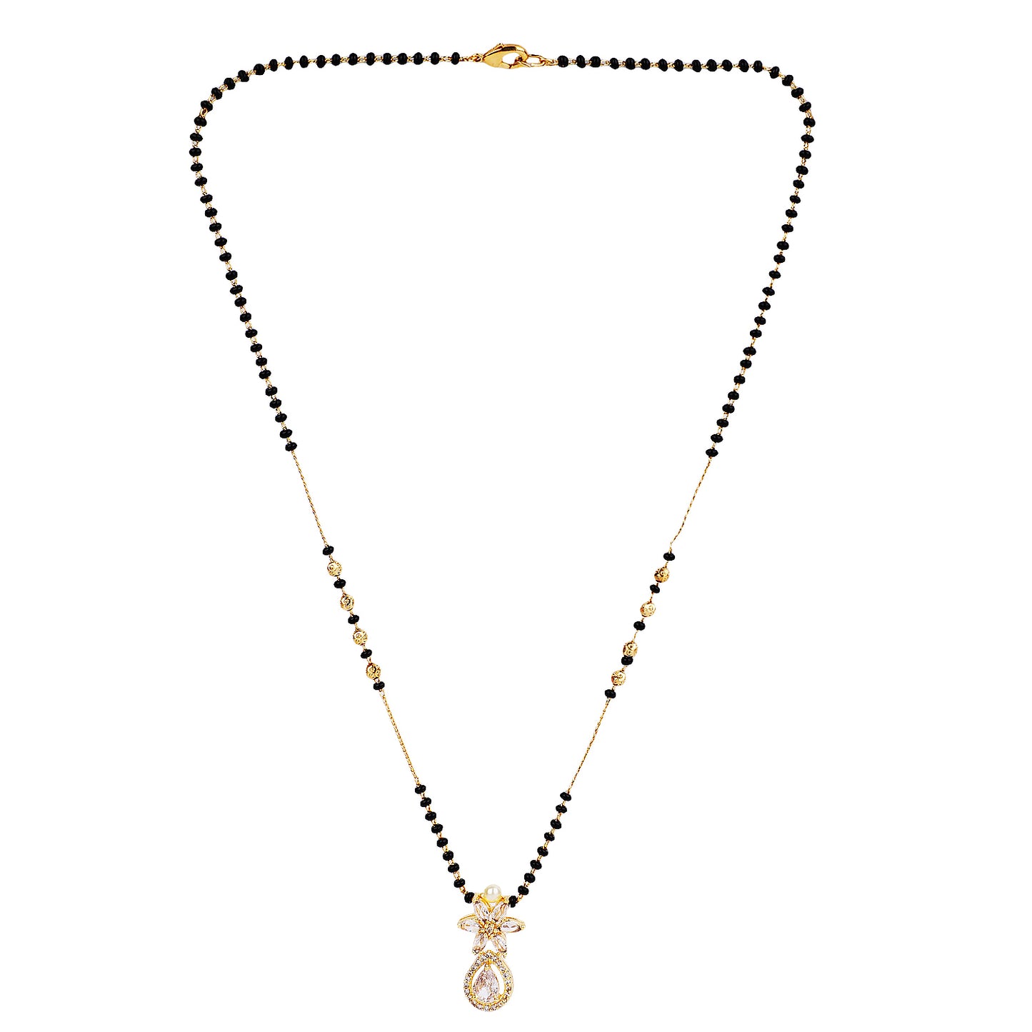 Gold plated mangalsutra design with black beads and floral CZ pendant