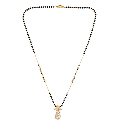 Gold plated mangalsutra design with black beads and floral CZ pendant