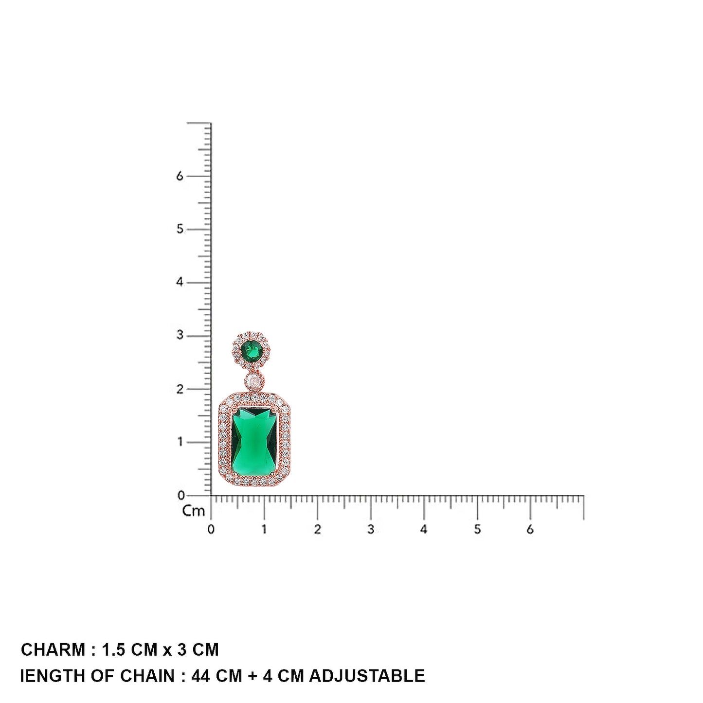 Gold plated mangalsutra design with green stone pendant shown with size measurements