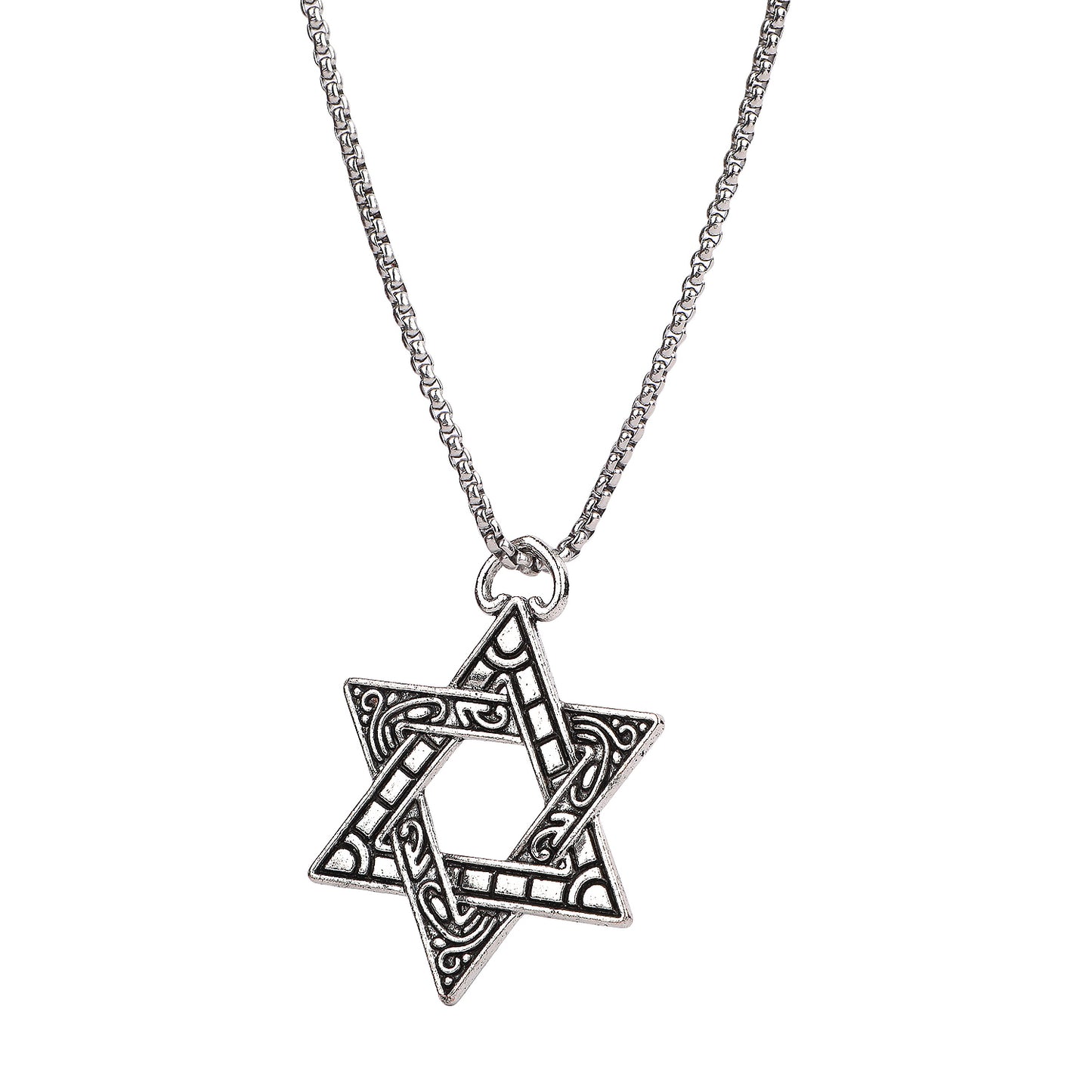 Silver chain necklace for guys with an intricate geometric star pendant on a plain background