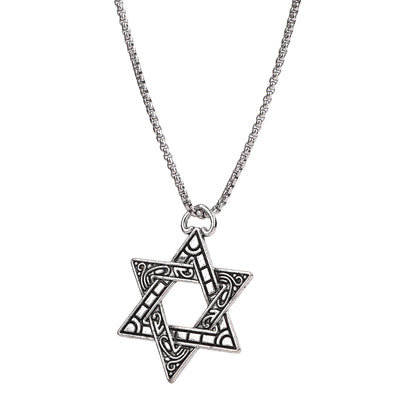 Silver chain necklace for guys with an intricate geometric star pendant on a plain background