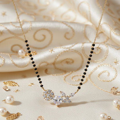 Heart and floral diamond mangalsutra design with black beads