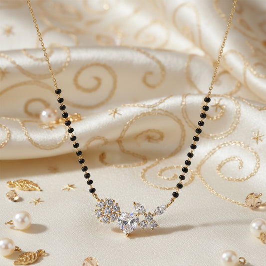 Heart and floral diamond mangalsutra design with black beads