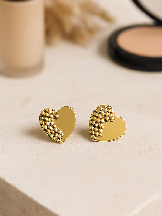 Two-Tone Gold Heart Stud Earrings – Smooth & Textured Design