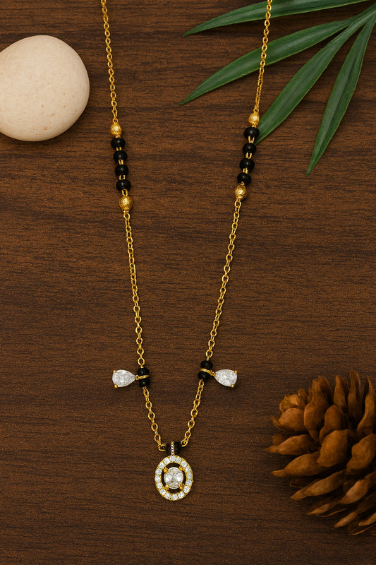 Elegant Black Bead Gold-Plated Mangalsutra Necklace with Oval Crystal Pendant