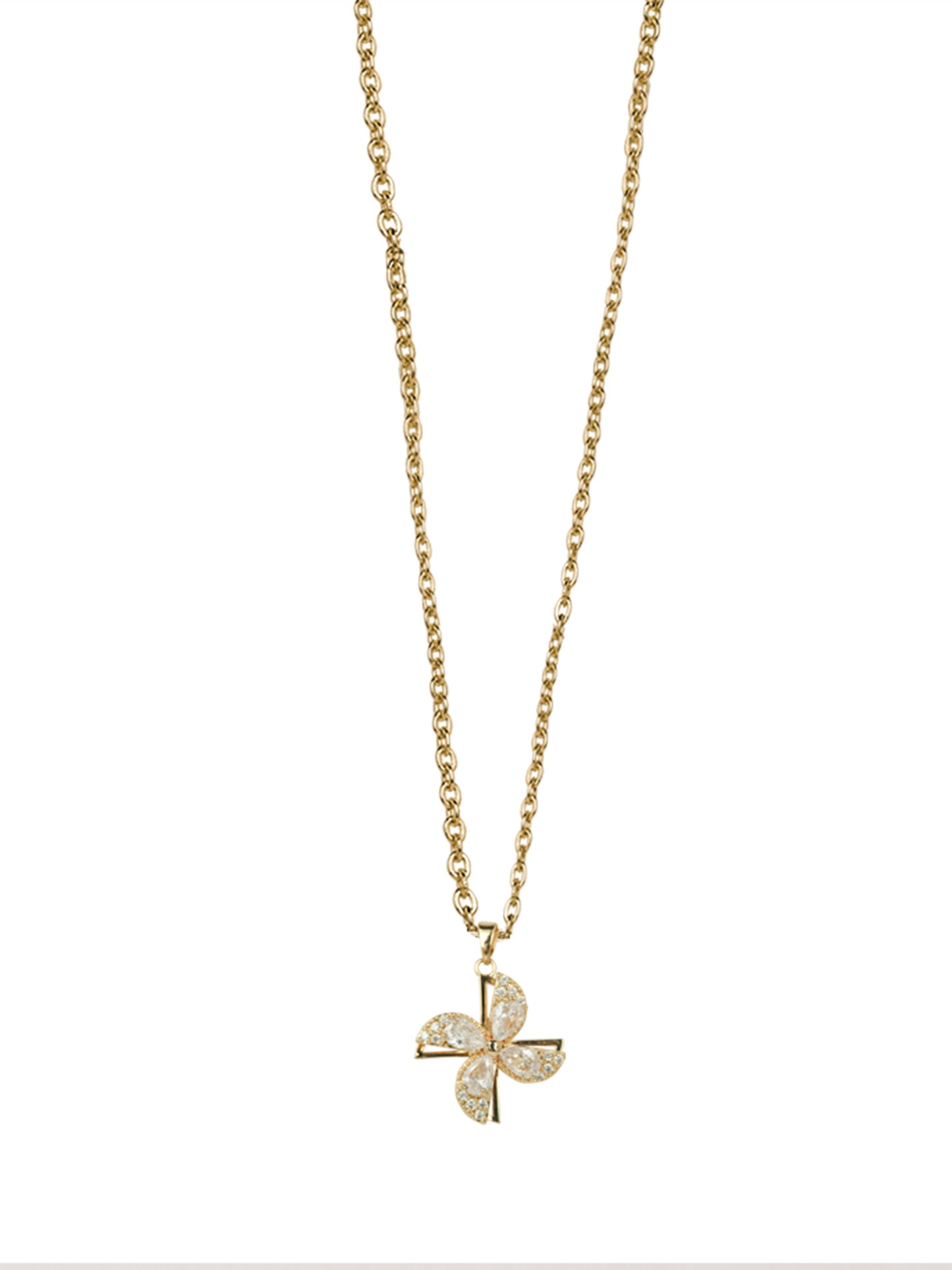 Close-up of a shimmering gold chain with pendant showcasing a kinetic spinning flower charm with marquise-cut crystals on a delicate link chain.