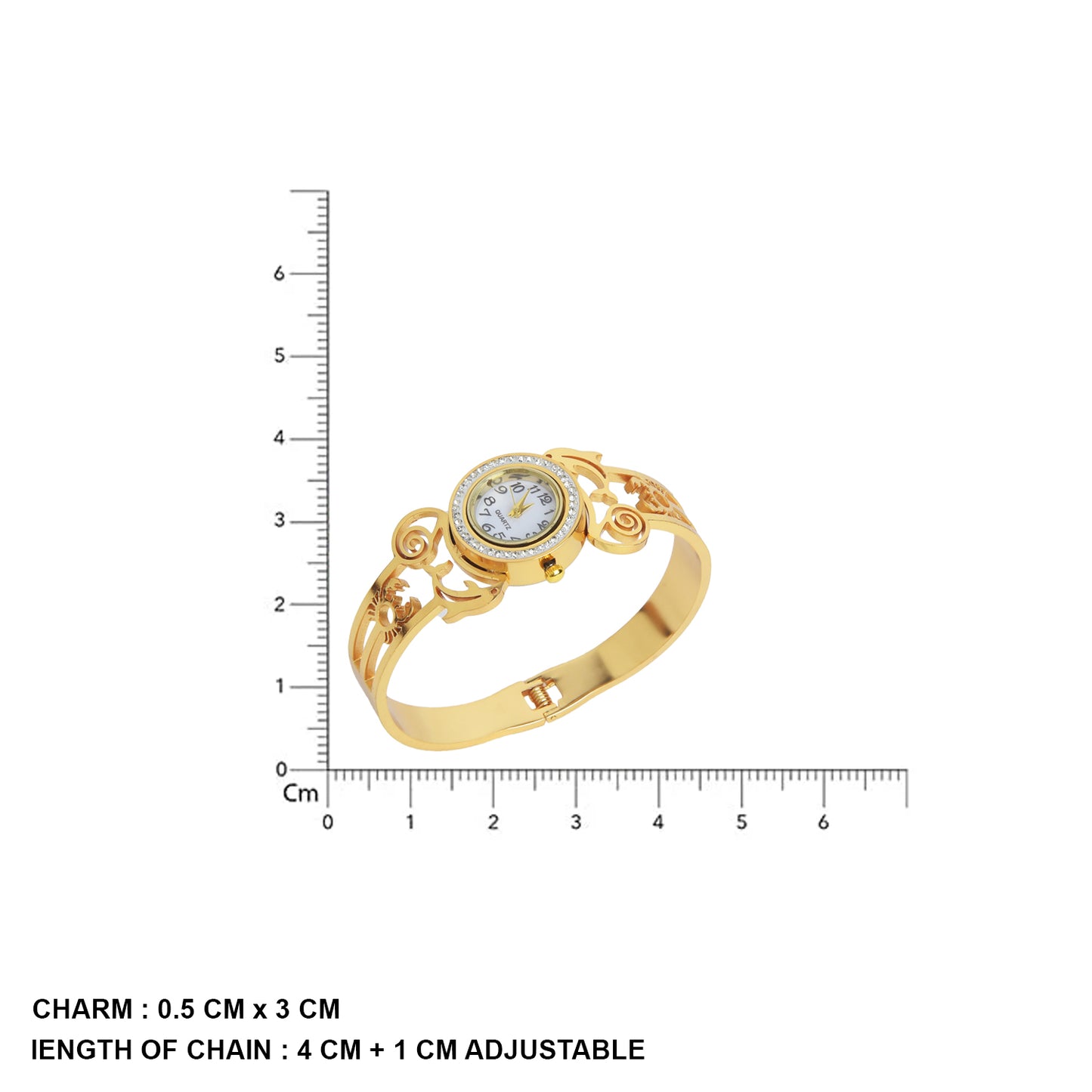 Product dimensions for the latest bracelet design showing a 3cm charm width and adjustable sizing.