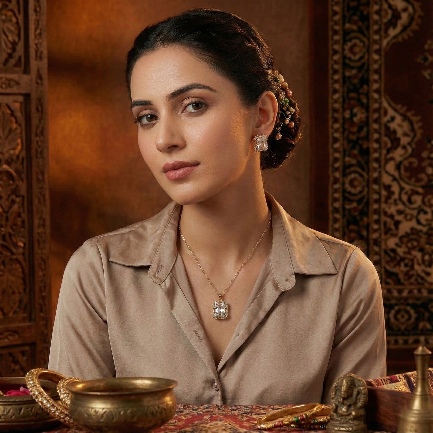 A model wearing the latest gold necklace designs and matching stud earrings, styled with a neutral silk shirt for a luxury look.