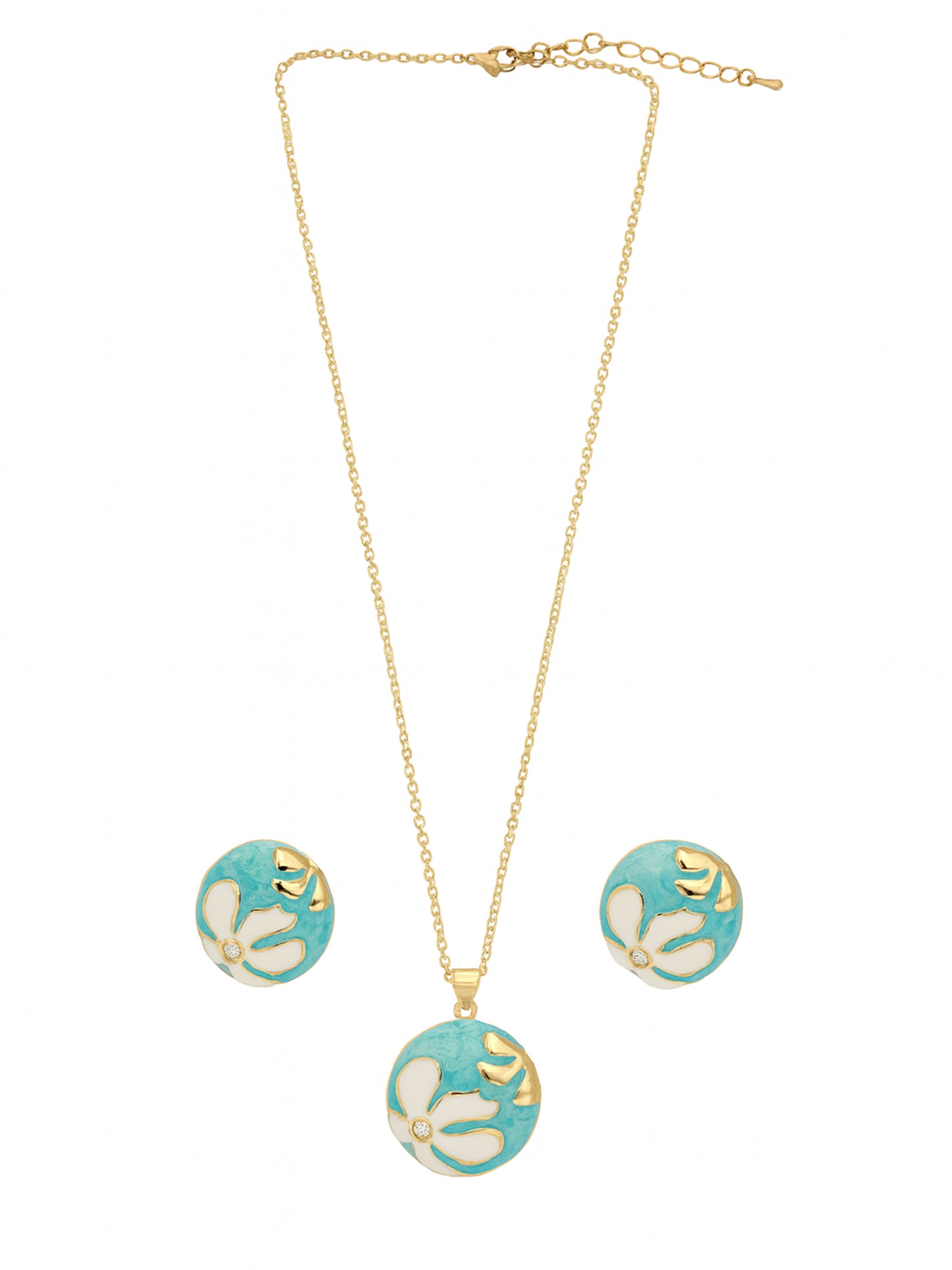 Latest gold necklace design with a turquoise and white enamel floral pendant and earrings