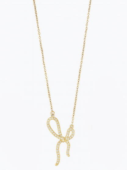 Latest gold necklace design featuring a crystal-studded bow-knot pendant