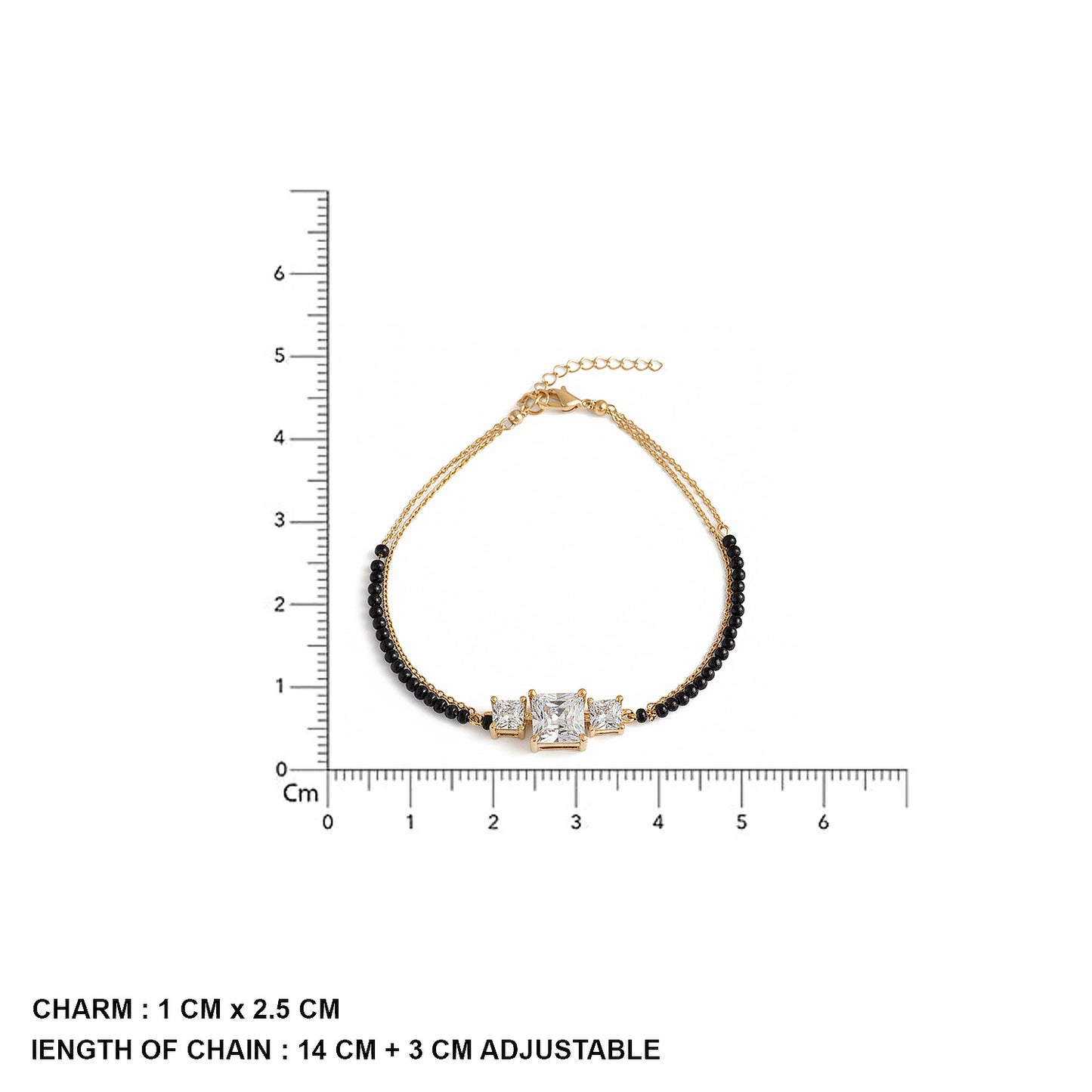Latest short mangalsutra design bracelet with gold chain, black beads, and a three-stone charm shown with size measurements.
