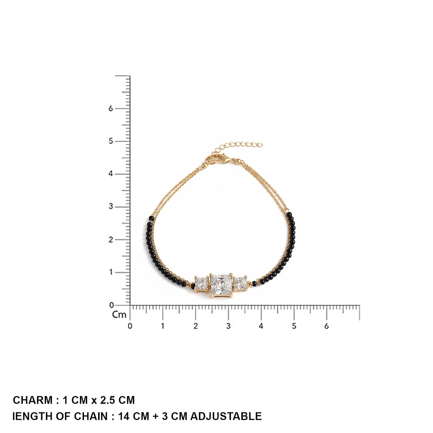 Latest short mangalsutra design bracelet with gold chain, black beads, and a three-stone charm shown with size measurements.