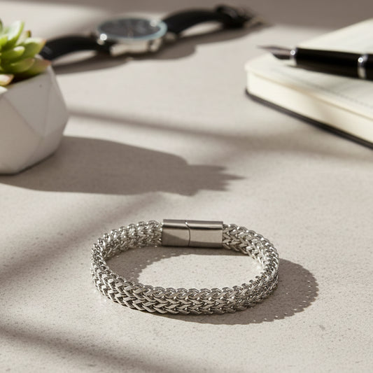 The latest bracelet design in silver featuring a secure magnetic clasp and intricate weave.