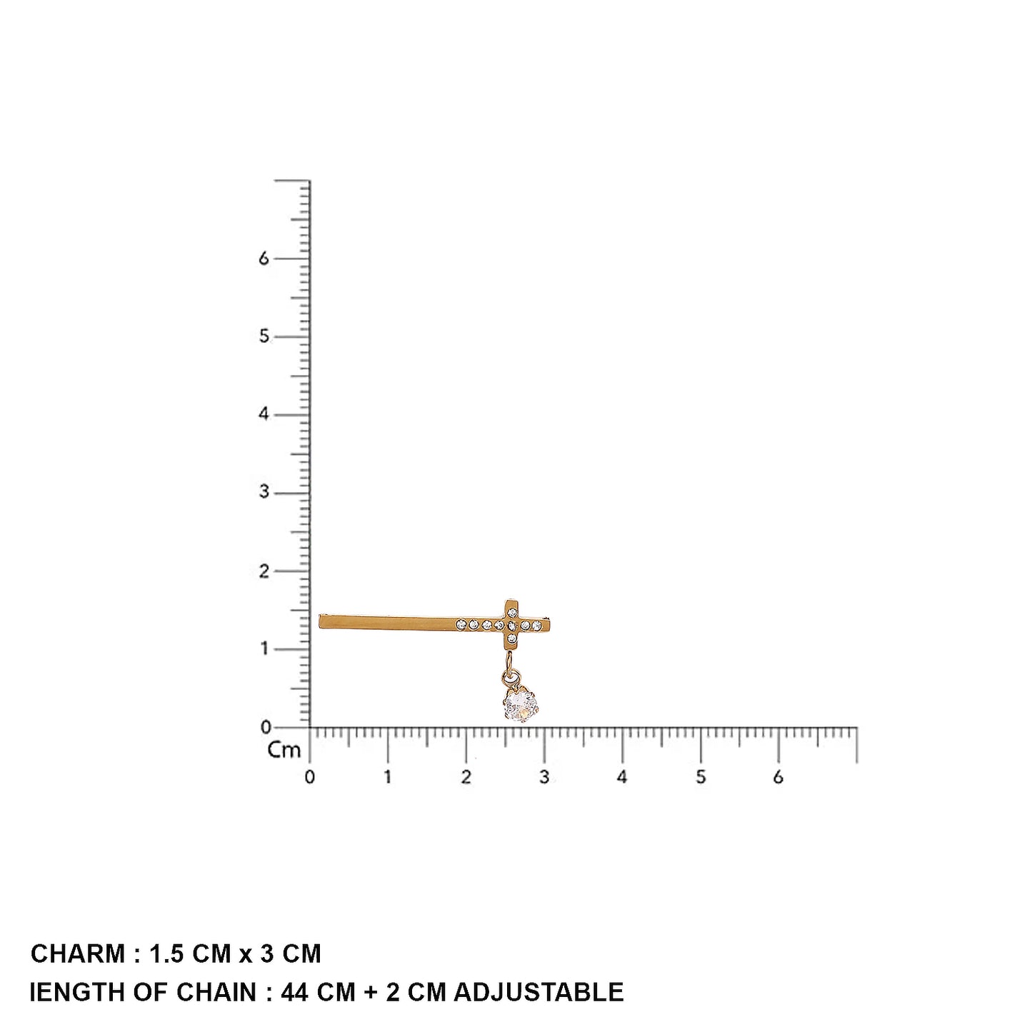Studio shot of a small mangalsutra design in gold with a thin bar pendant accented by small clear stones 
