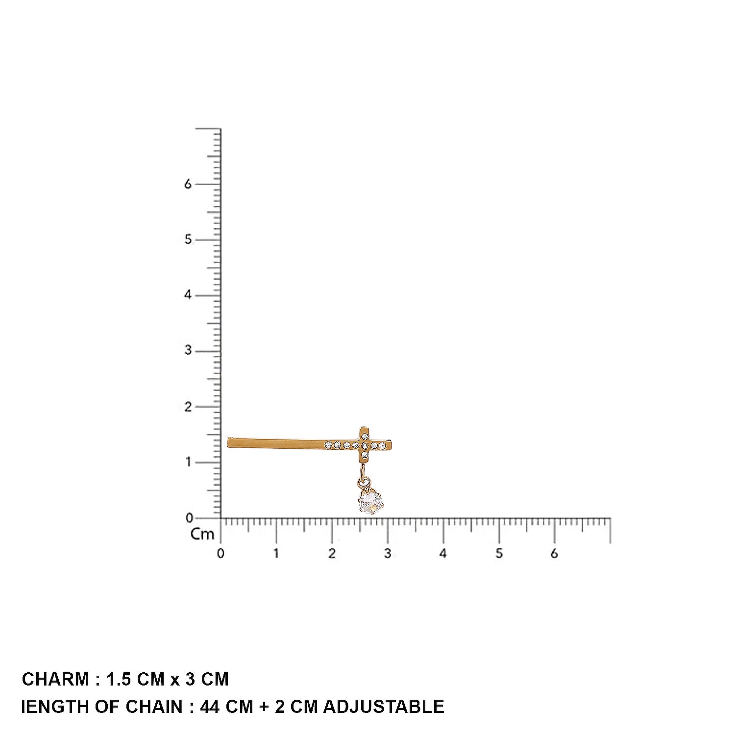 Studio shot of a small mangalsutra design in gold with a thin bar pendant accented by small clear stones 